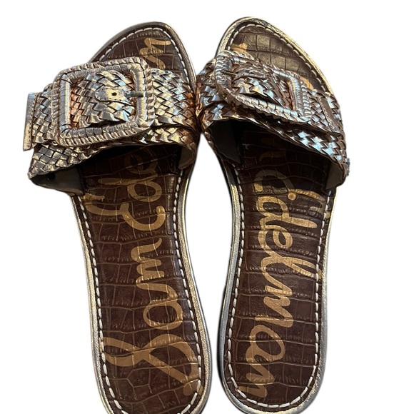 Sam Edelman Woven Slide Sandals Size 7 Metallic Gold Boho Style Resort Wear - Picture 2 of 6